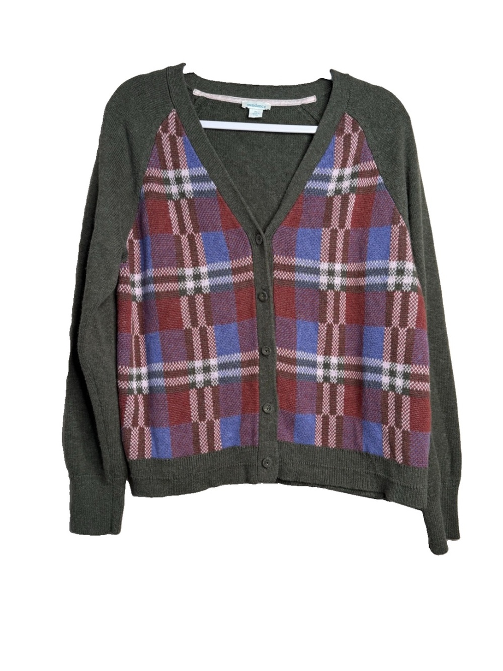 Sundance Clare Wool Blend Cardigan Size XL Green Holiday Warm Plaid Sweater Cozy